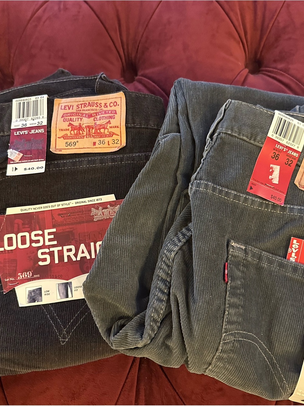 Levi's Lot 3pr of Loose/Straight Cords in LtGray, Brown, and DkGray W36L32&34